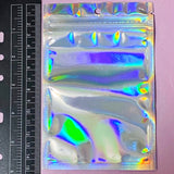 holo holographic silver pale pink laser rainbow self seal resealable bag bags plastic cello stiff poly polythene uk cute kawaii stationery packaging supplies shop store pretty 