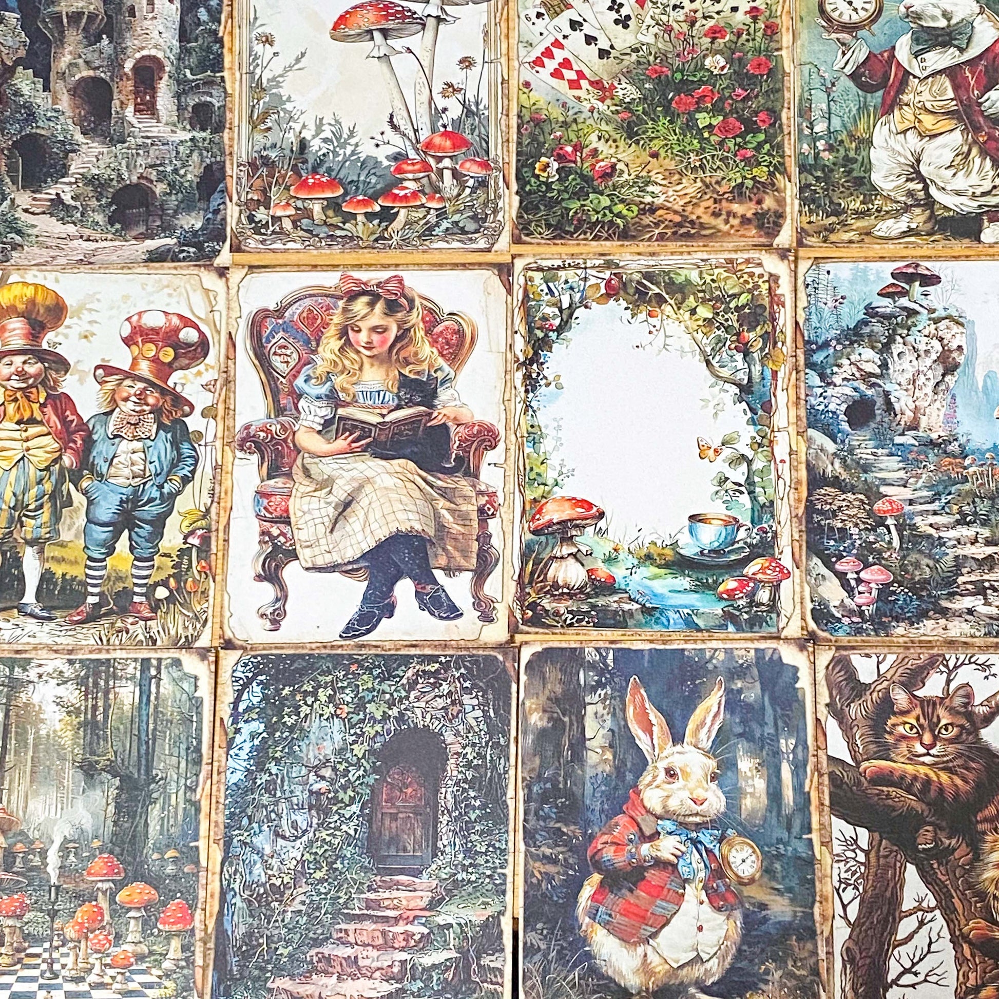 fantasy fairytale scrapbook papers featuring alice in wonderland, forest path, white rabbit with pocket watch, tweedle dum and tweedle dee and mushrooms