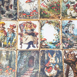 fantasy fairytale scrapbook papers featuring alice in wonderland, forest path, white rabbit with pocket watch, tweedle dum and tweedle dee and mushrooms