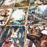 alice in wonderland inspired vintage scrapbooking sheets featuring the cheshire cat, the white rabbit and alice