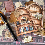 vintage library journaling kit with scrapbook paper, clear stickers, paper ephemera and bookshelf card pieces arranged with black pen on book background