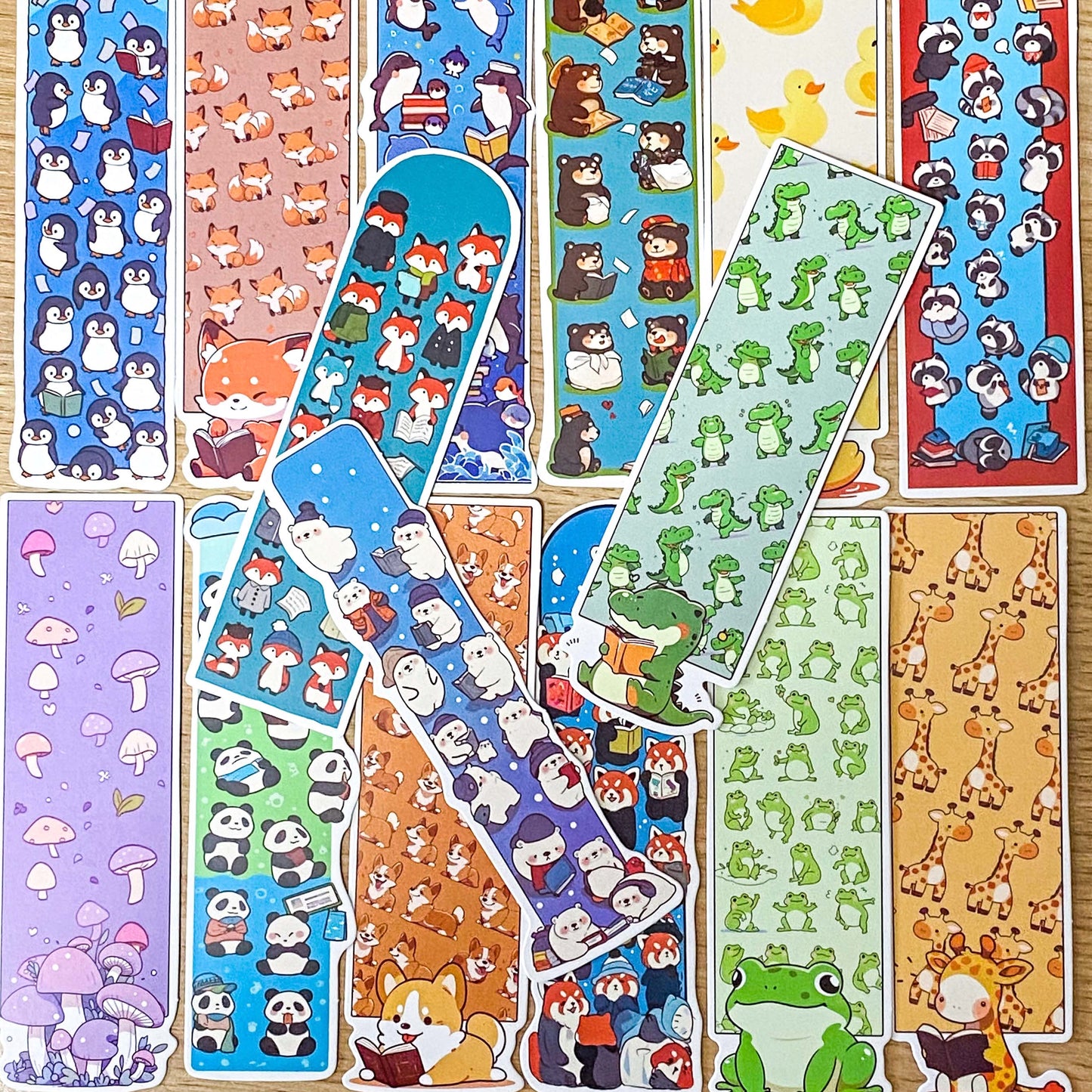 cute kawaii animal animals reading book books bookmark bookmarks card uk stationery shop store panda seal whale cat dog frog giraffe crocodile fox deer penguin bear mouse mushroom colourful tower