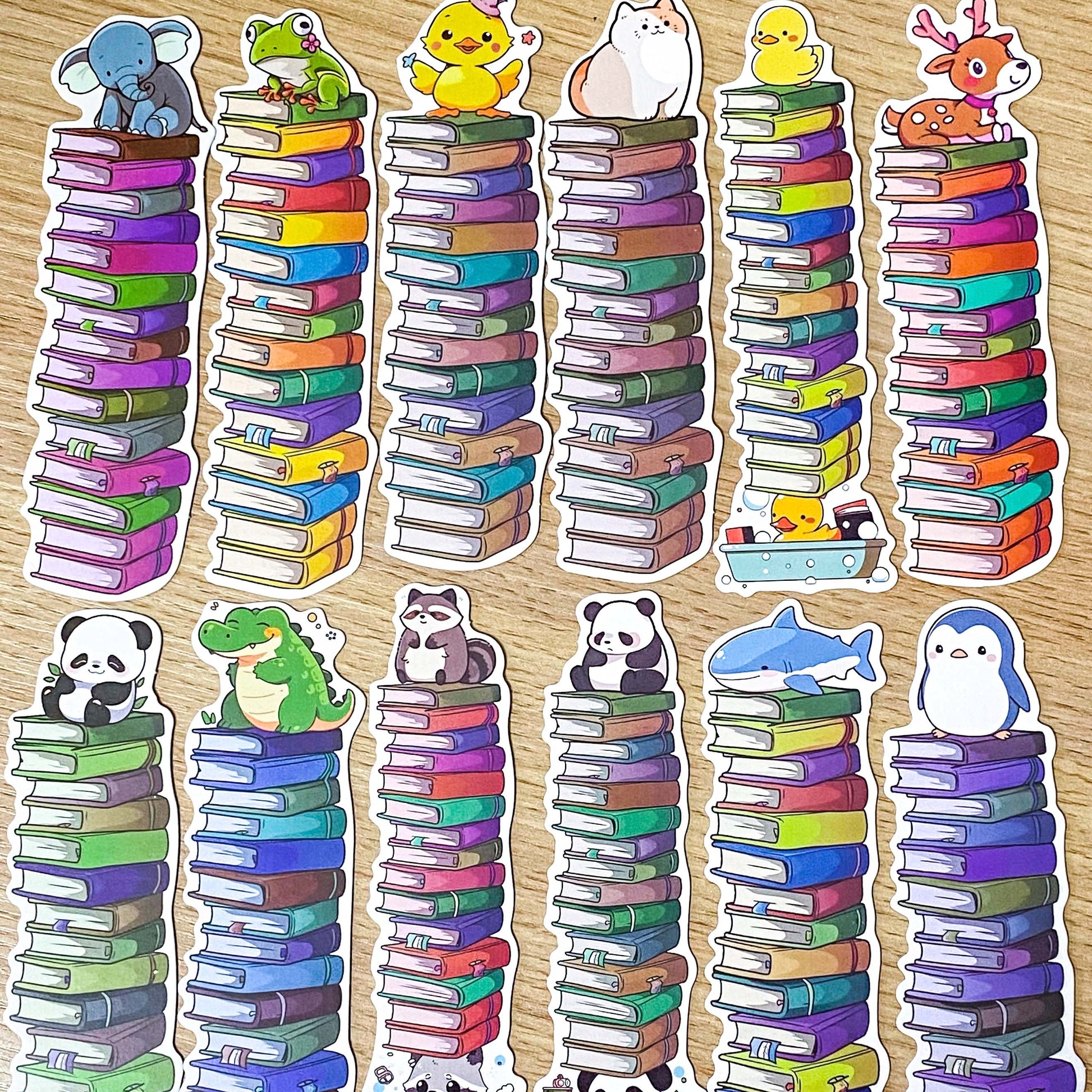 cute kawaii animal animals reading book books bookmark bookmarks card uk stationery shop store panda seal whale cat dog frog giraffe crocodile fox deer penguin bear mouse mushroom colourful tower