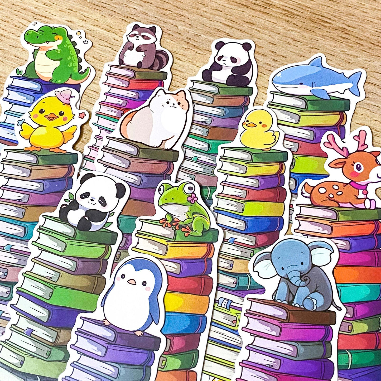 cute kawaii animal animals reading book books bookmark bookmarks card uk stationery shop store panda seal whale cat dog frog giraffe crocodile fox deer penguin bear mouse mushroom colourful tower