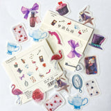translucent washi paper sticker stickers flake flakes pack of 32 alice in wonderland theme uk cute kawaii stationery shop store gift gifts bow flamingo flamingos playing card cards white rabbit key watch pocket potion bottle drink me eat cake top hat teacup teapot teapot pretty soft colours