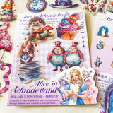alice in wonderland dream garden clear PET stickers set with 30 large pastel stickers including Alice, White rabbit, Cheshire Cat, Tweedle Dum and Tweedle Dee, teacups and mushrooms.