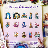alice in wonderland dream garden clear PET stickers set with 30 large pastel stickers including Alice, White rabbit, Cheshire Cat, Tweedle Dum and Tweedle Dee, teacups and mushrooms.