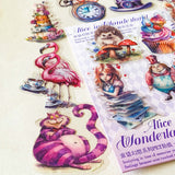 alice in wonderland dream garden clear PET stickers set with 30 large pastel stickers including Alice, White rabbit, Cheshire Cat, Tweedle Dum and Tweedle Dee, teacups and flamingos