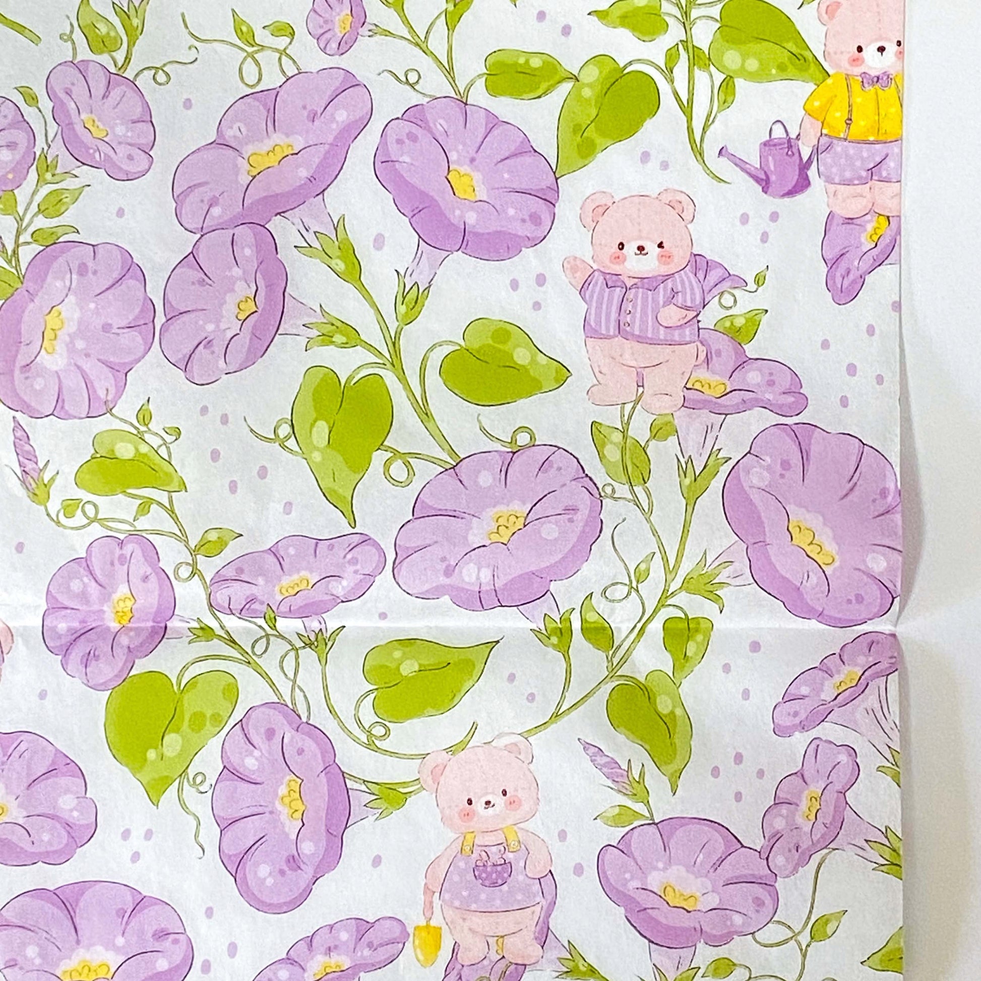 lilac mauve violet floral flower flowers morning glory pattern tissue paper wrap sheet sheets pack pink bear bears cute kawaii stationery packaging supplies uk shop store wrapping gift gifts