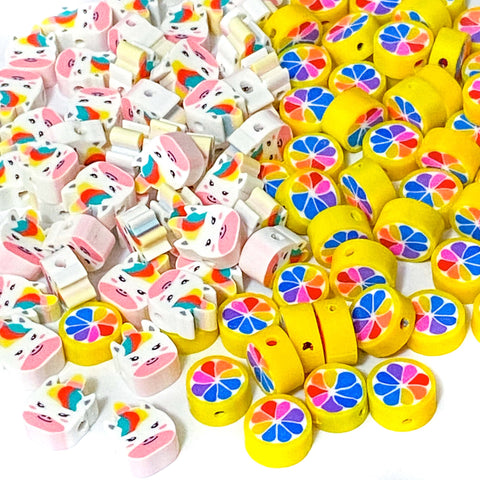 rainbow unicorn unicorns pink white head heads bead beads polymer clay poly fimo handmade set uk cute kawaii flower flowers petals yellow craft supplies jewellery making store shop