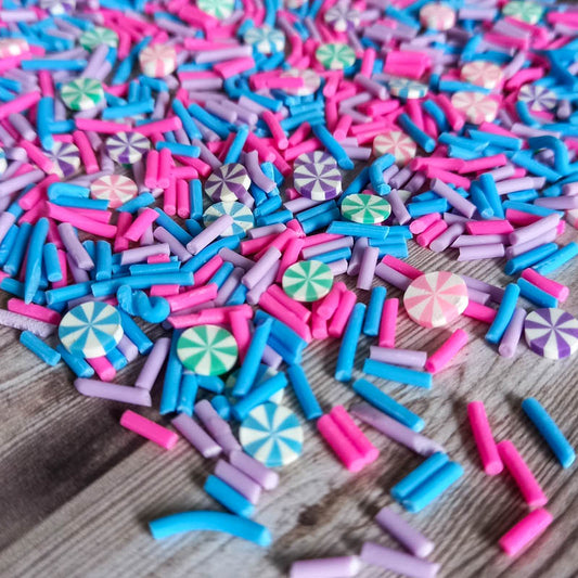 retro pretty pinwheel sprinkle sprinkles polymer clay slice slices uk cute kawaii craft supplies circles purple lilac pink mint blue blue cerise bundle hundreds and thousands swirls
