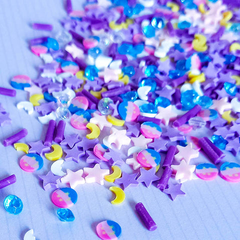 polymer clay acrylic gem gems mini small embellishment embellishments sprinkle sprinkles slice slices nail art craft supplies galaxy pastel colours pink purple moon star planet blue white striped 