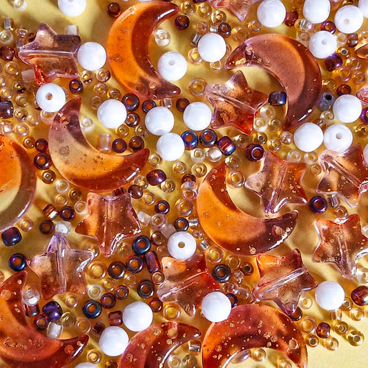 amber orange brown gold glass acrylic seed bead beads mix bundle moon moons star stars round white shimmer flecks uk cute kawaii craft supplies small