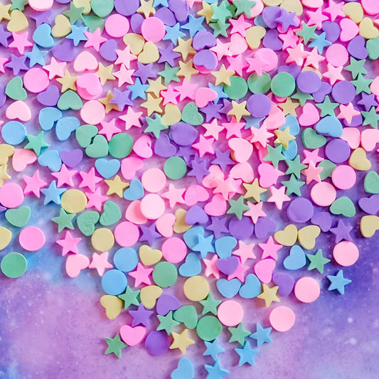 multi colour pretty sprinkle sprinkles poly polymer clay slice slices heart hearts star stars round dot dots circle circles uk cute kawaii craft supplies shop store pink purple lilac blue yellow green mixed bag small flatback nail art 