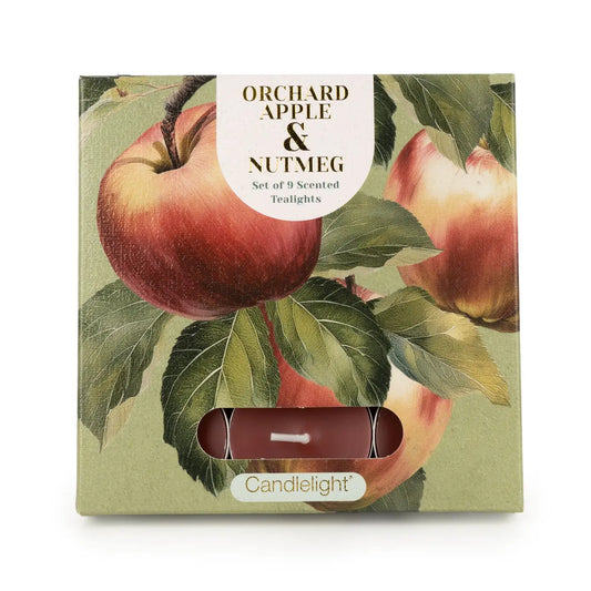 orchard apple and nutmeg autumn winter christmas festive scented tea light lights tealight tealights box boxed set of 9 beautiful gift gifts shop store uk cute kawaii botanical pretty present for her mum sister candlelight company ltd nature