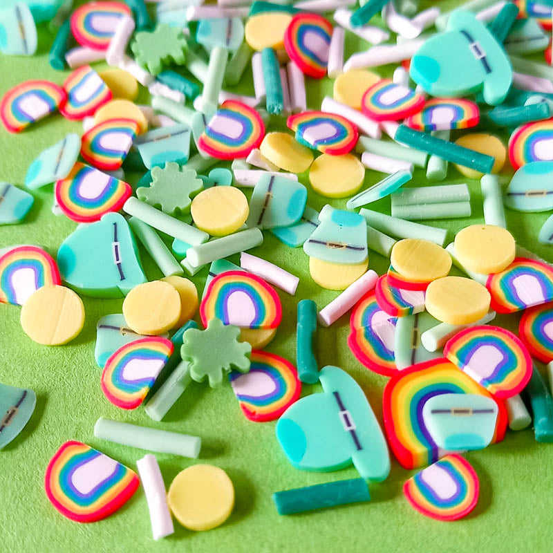 st patrick patrick's day leprechaun magic magical sprinkles sprinkle polymer clay slice slices nail art uk cute kawaii craft supplies pack embellishment rainbow four leaf clover coin hat spring