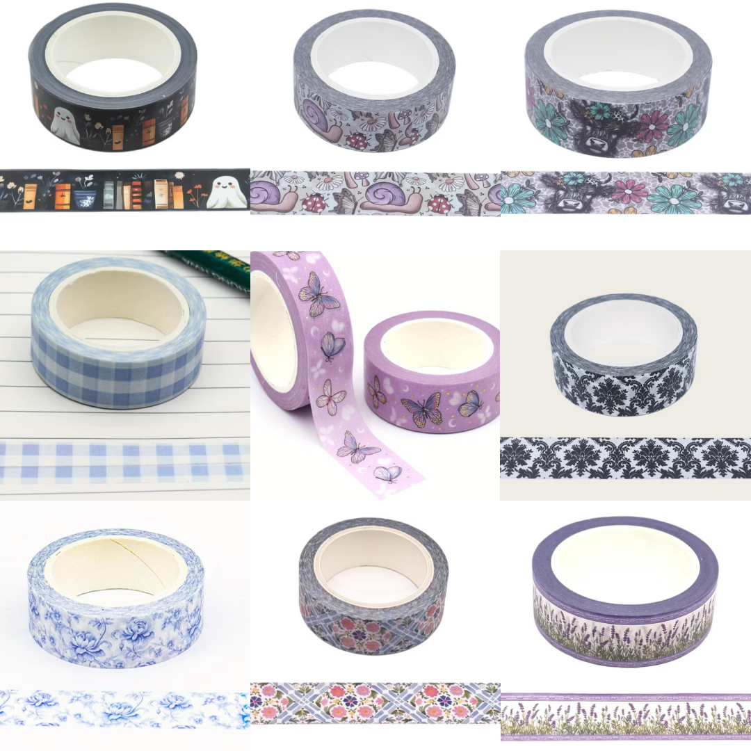 A collage showing multiple rolls of decorative washi tape in different patterns and colors, including floral, butterfly, gingham, damask, and landscape designs.