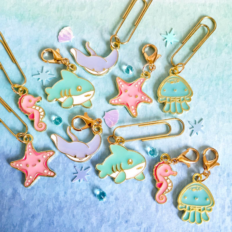 ocean seashore sea animal octopus shark sting ray seahorse seahorses sharks starfish gold tone metal enamel planner clip clips charm charms paper jellyfish jelly fish blue turquoise teal pink cute kawaii uk gift gifts planner planning supplies accessories