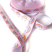 HALF PRICE Pale Pink Happy Clouds & Rainbows Elastic Ribbon 15mm