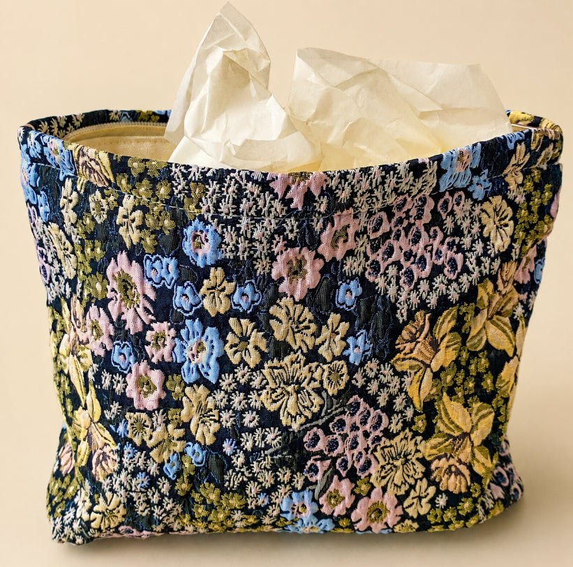TWILIGHT COTTAGE GARDEN Large Tapestry Pouch | Lined Floral Cosmetic Bag