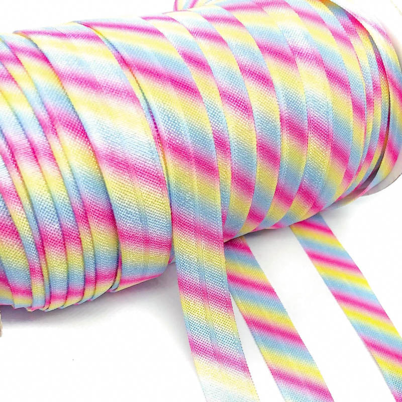 Diagonal Rainbow Stripes Elastic Ribbon 15mm Slight second x 3 yards