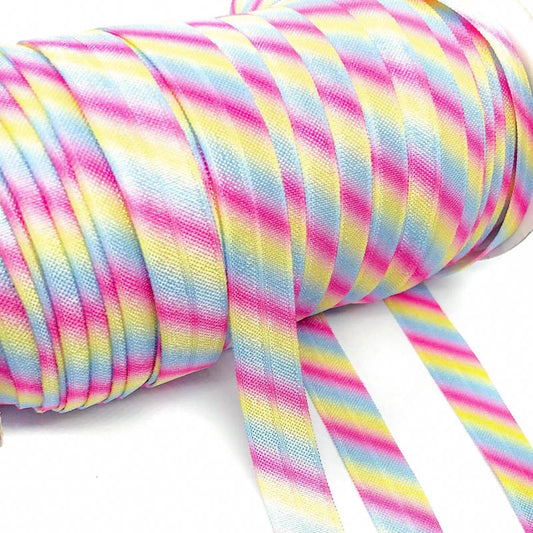 Diagonal Rainbow Stripes Elastic Ribbon 15mm Slight second x 3 yards