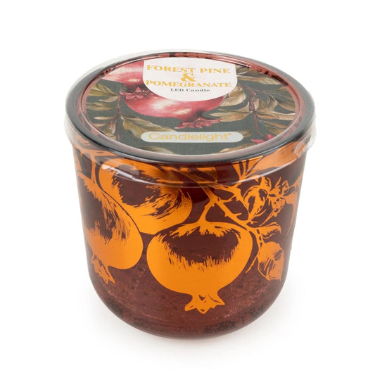 led light up candle autumn winter christmas candlelight pomegranate and forest pine fir scent scented large glass jar pretty gold foil foiled container uk cute kawaii gift gifts shop store her women lady mum sister present big nature botanicals