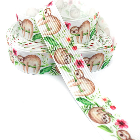 SLOTHS ON WHITE 22mm GROSGRAIN Ribbon x 3