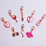 pink and pretty planner charm gold tone charms clips clip stitich marker heart hearts lips perfume wine glass bow lipstick key uk cute kawaii gifts planning accessories gift