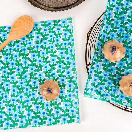 blue floral design greaseproof paper sheet sheets waxed uk craft supplies gift wrapping packaging supplies green turquoise blue flower flowers biodegradable lotta rex london