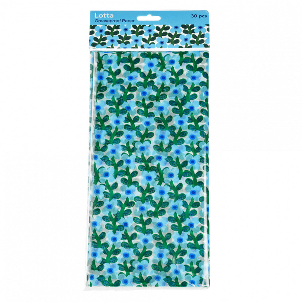 blue floral design greaseproof paper sheet sheets waxed uk craft supplies gift wrapping packaging supplies green turquoise blue flower flowers biodegradable lotta rex london