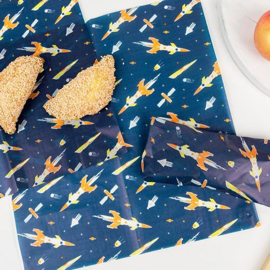 space age galaxy rocket stars dark blue black  greaseproof wax waxed paper vellum sheet sheets uk cute kawaii packaging supplies gift wrap wrapping paper 