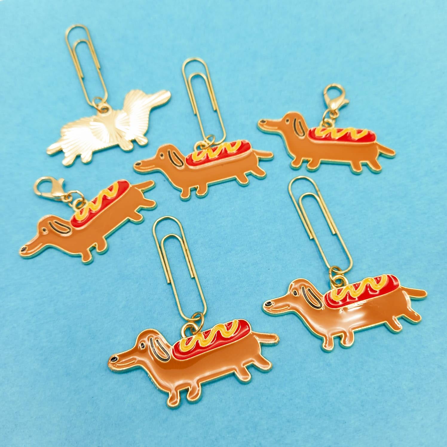 sausage dog dogs puppy dachshund planner clip clips paper charms charm gifts uk handmade hand made brown red yellow enamel planner gift gold tone metal hot dog
