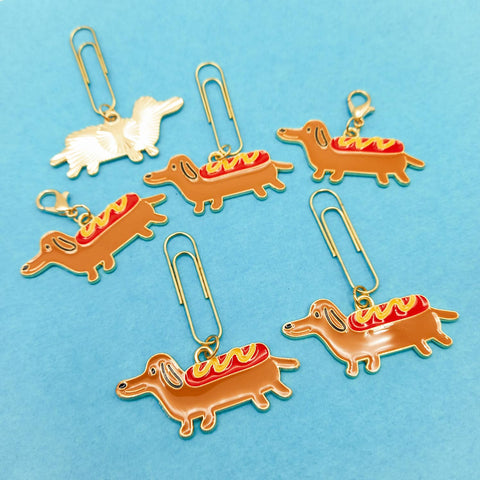 sausage dog dogs puppy dachshund planner clip clips paper charms charm gifts uk handmade hand made brown red yellow enamel planner gift gold tone metal hot dog