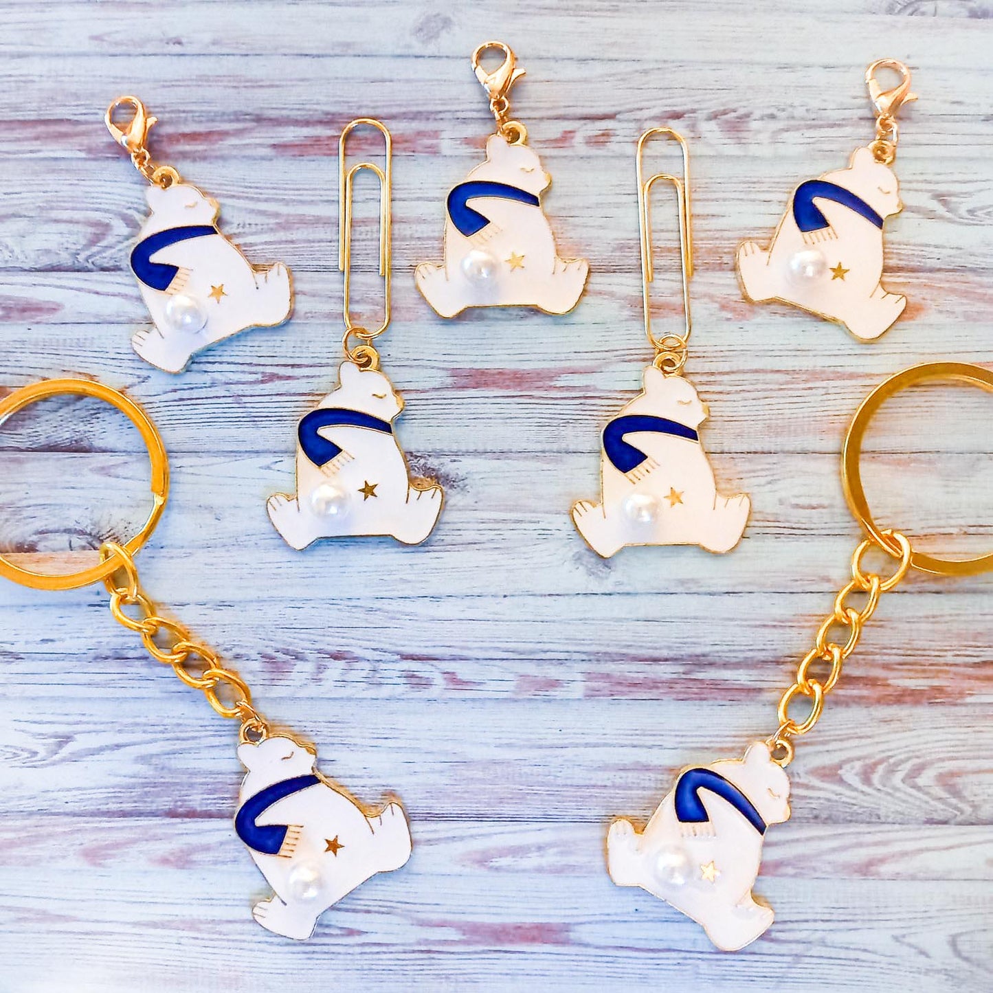 polar bear planner clip clips paper charm charms keyring keyrings key ring gold tone metal enamel bears uk cute kawaii gifts stocking fillers hand made