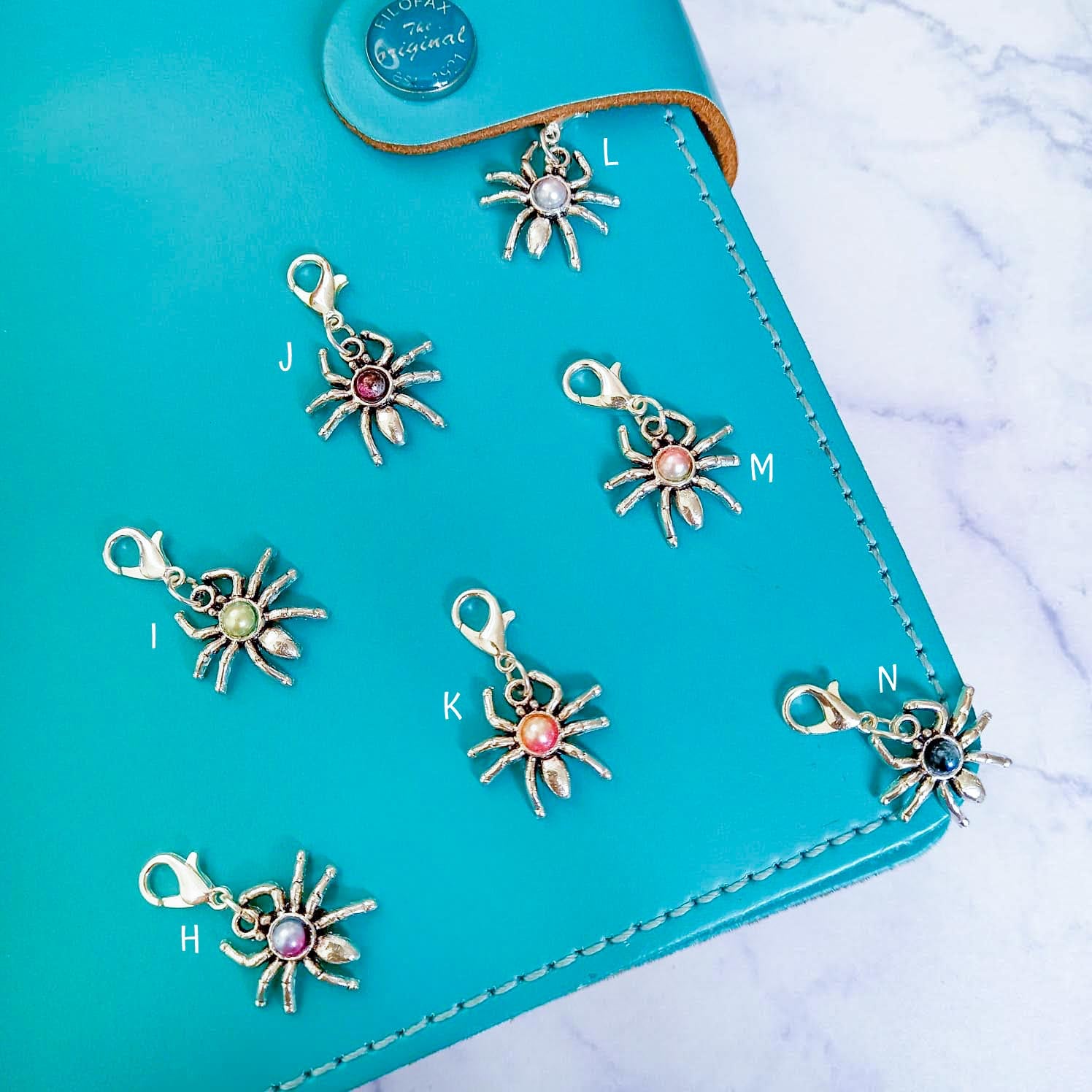 spider spiders halloween planner clip clips charm charms planning accessory uk silver metal gemstone stones pink blue grey lilac spooky gift gifts