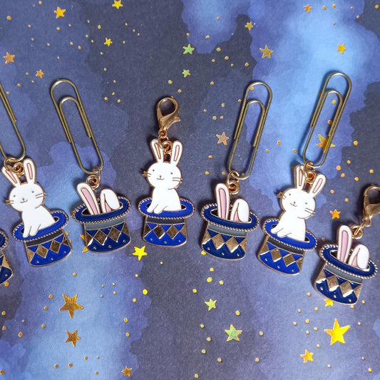 bunny in hat magic magical magician rabbit rabbits planner charm charms paper clips uk stationery cute kawaii blue navy gold metal enamel white bunnies