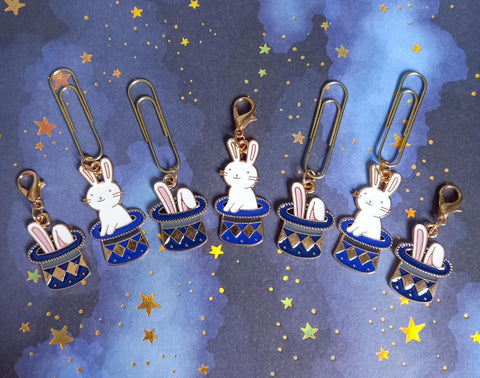 bunny in hat magic magical magician rabbit rabbits planner charm charms paper clips uk stationery cute kawaii blue navy gold metal enamel white bunnies