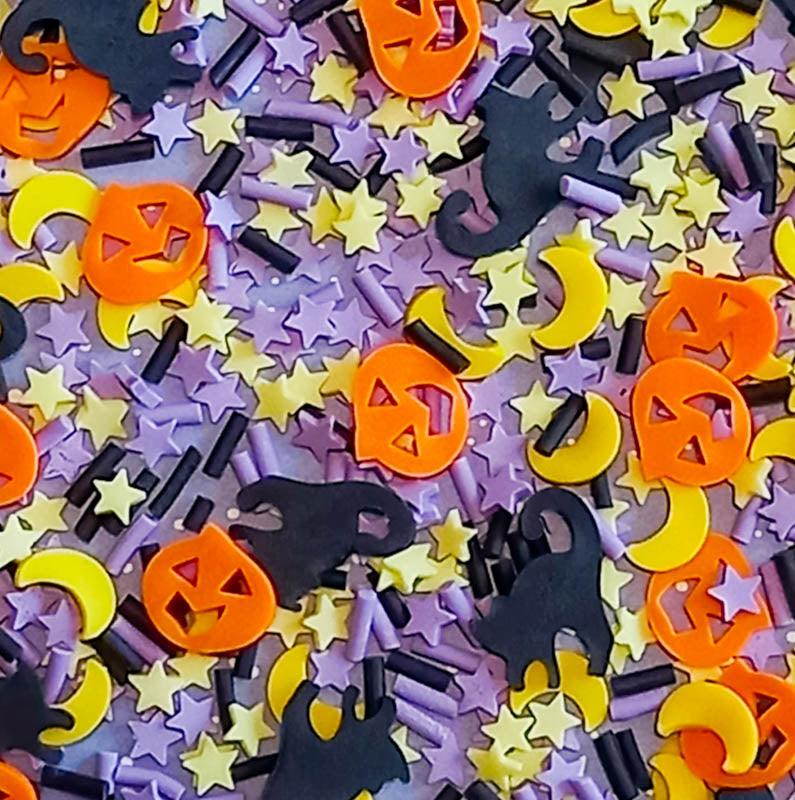 halloween spooky polymer clay sprinkle sprinkles slice slices mixed bags pumpkin pumpkins black cat cats purple star stars hundreds and thousands moon moons crescent yellow orange purple lilac uk cute kawaii craft supplies 