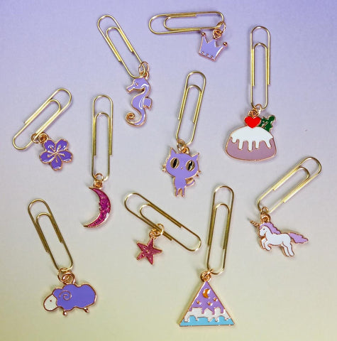 handmade hand made purple lilac planner paper clip clips charms enamel seahorse crown unicorn star moon flower sheep cat mount fuji uk gifts stationery stitch marker