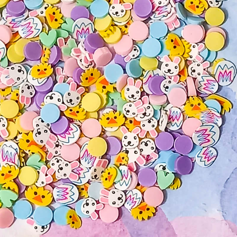 easter polymer clay sprinkle sprinkles slices slice egg bunny rabbit chick circles pastel colours spring crafts craft supplies uk bundle pink lilac yellow white green mint