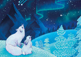 arctic fox white foxes and hare hares rabbit polar snow winter blue northern lights post card postcard uk art original kawaii cute stationery turquoise sky stars magical night fir trees eco recycled
