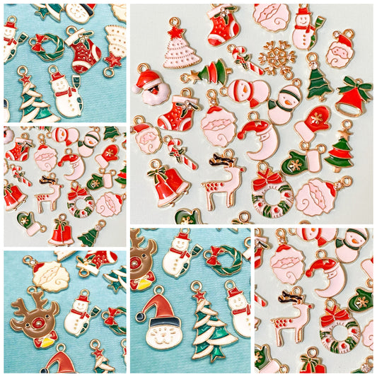 christmas enamel gold tone metal charm charms uk cute kawaii craft supplies festive father santa cat hat stocking tree snowman rudolph reindeer wreath moon candy cane bells rhinestone
