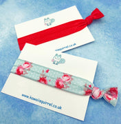 shabby chic pink and blue polka dot hair elastic elastics tie ties band bow bows hand made uk cute kawaii gift gifts red flowers