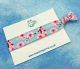 spring pink and blue cherry blossom blossoms floral flower hair elastic handmade elastics tie ties bands bow bows uk cute kawaii gift gifts flowers
