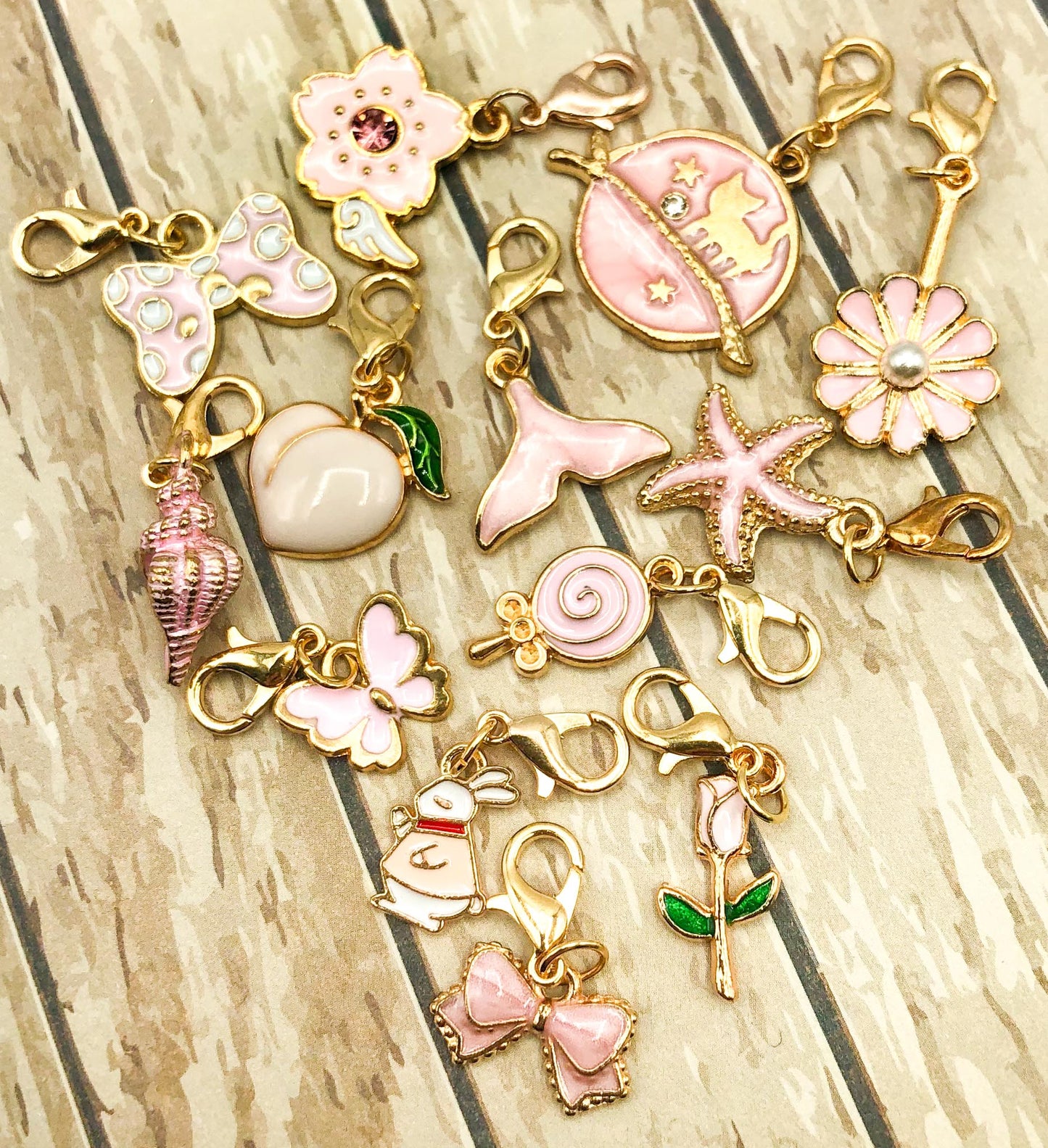 pink planner clip clips charm charms uk cute kawaii planning accessory accessories enamel enamelled gold tone metal flower cat bow rabbit rose shell