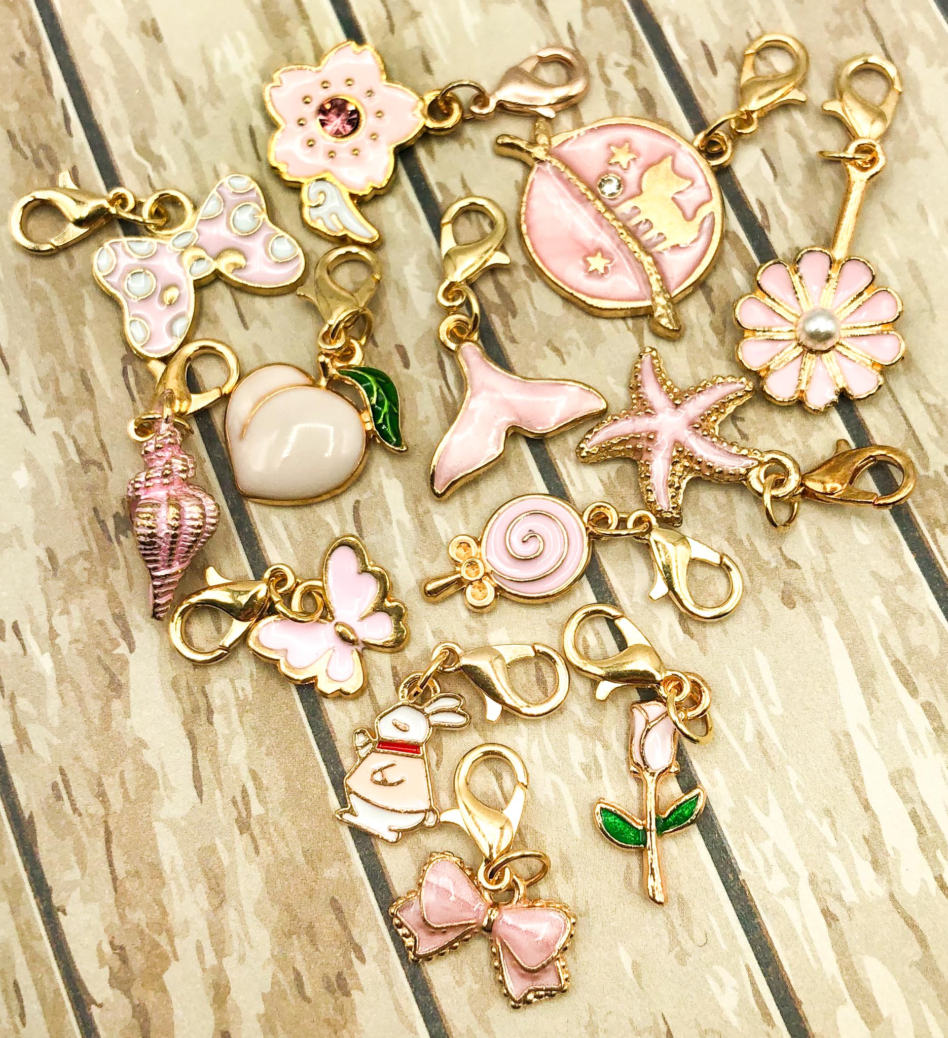 pink planner clip clips charm charms uk cute kawaii planning accessory accessories enamel enamelled gold tone metal flower cat bow rabbit rose shell