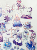 magic magical fantasy clear plastic sticker flake flakes pack 40 purple lilac blue holographic silver foil stickers girls girl cup bottle potion spell book jar feather star starts moon moons galaxy sky cloud clouds scales shell pink uk stationery planner supplies cute kawaii