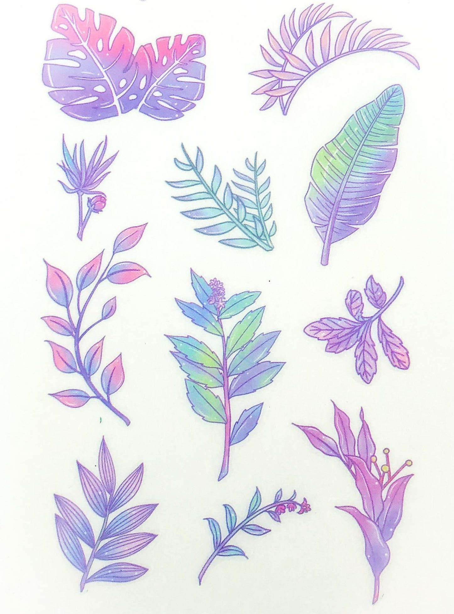 watercolour floral flowers and plants leaves pink and purple bright shades sticker stickers sheets pack 6 translucent washi paper matte uk cute kawaii stationery succulent cactus plant