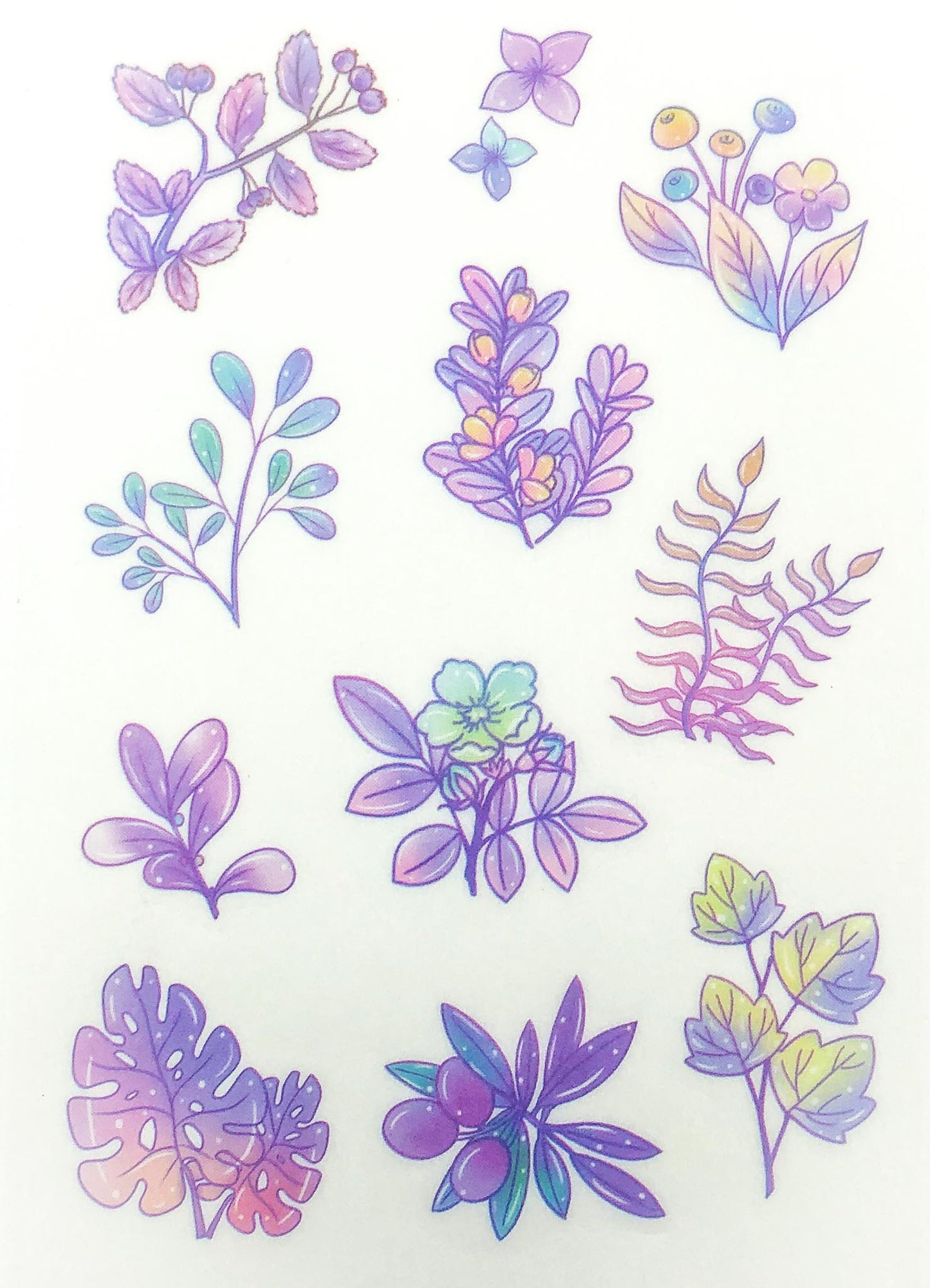 watercolour floral flowers and plants leaves pink and purple bright shades sticker stickers sheets pack 6 translucent washi paper matte uk cute kawaii stationery succulent cactus plant